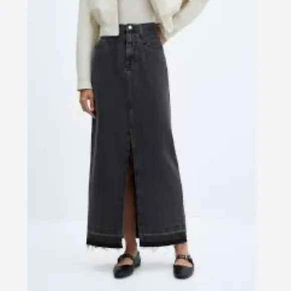 Mango black denim maxi skirt size Large acid wash raw hem