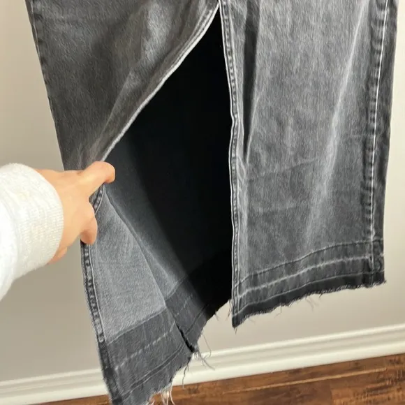 Mango black denim maxi skirt size Large acid wash raw hem