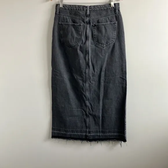 Mango black denim maxi skirt size Large acid wash raw hem