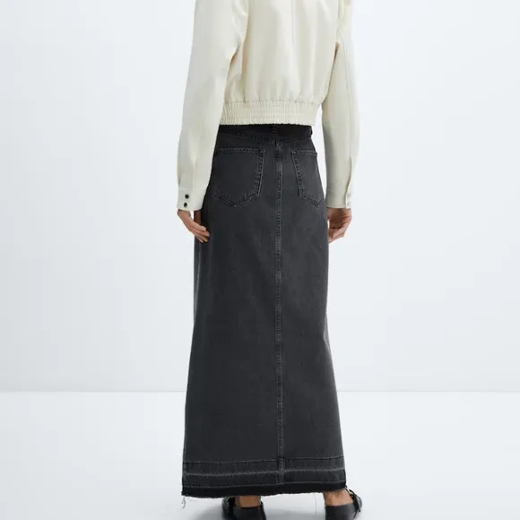 Mango black denim maxi skirt size Large acid wash raw hem