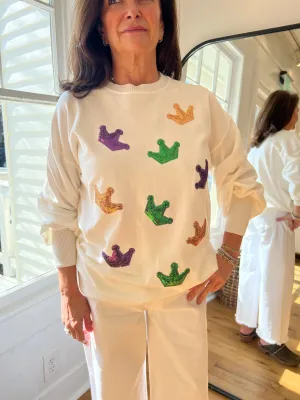 Mardi Gras Sequin Crown Sweater -Ivory
