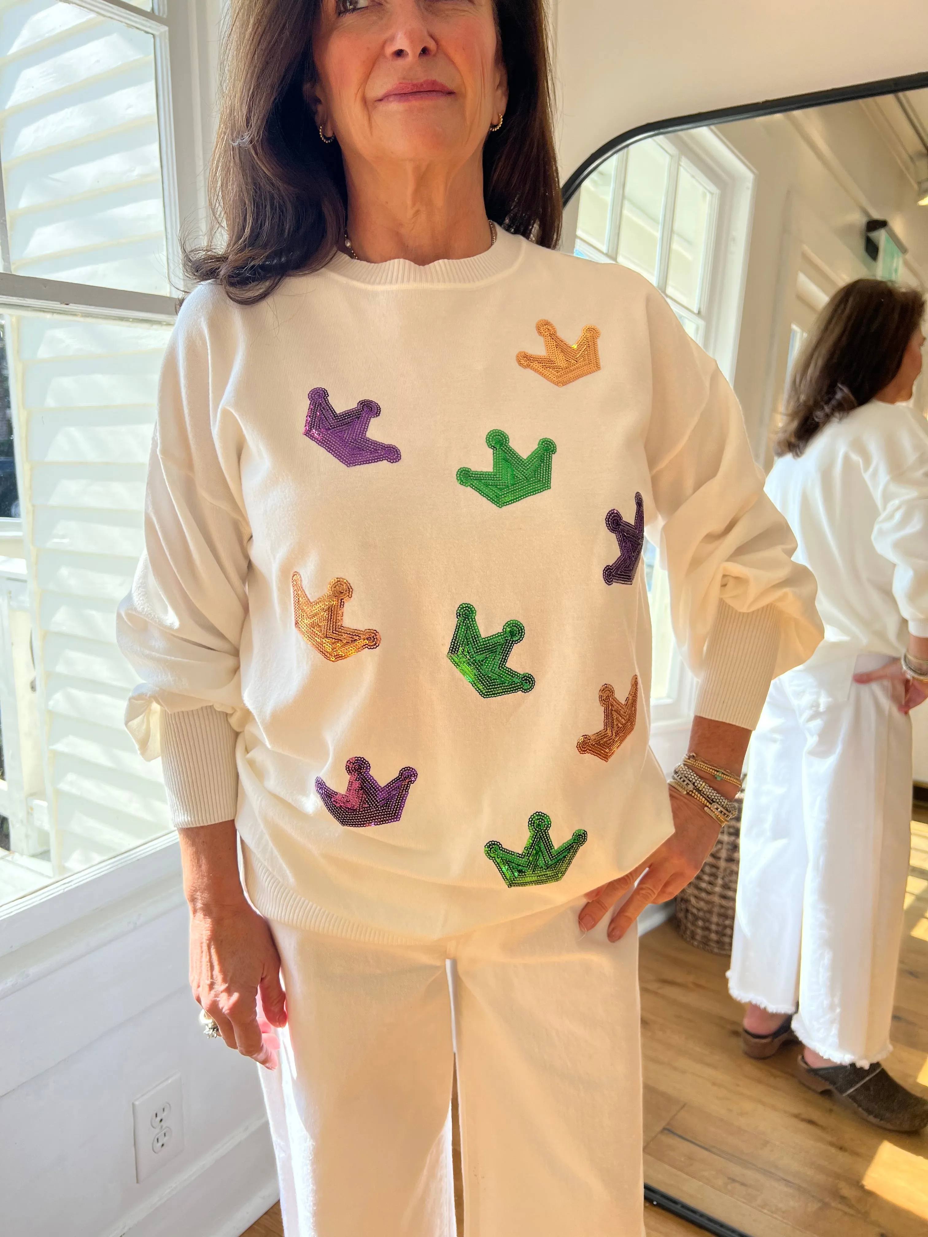 Mardi Gras Sequin Crown Sweater -Ivory