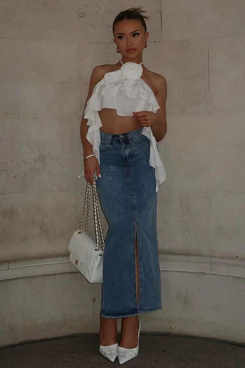 Mid Blue Front Slit Denim Maxi Skirt - Asami