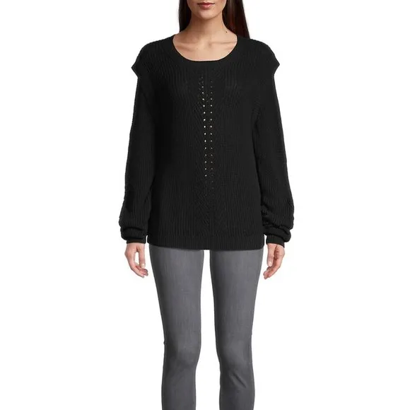 Minnie Rose Cotton Textured Crewneck Sweater Size XS Black NEW