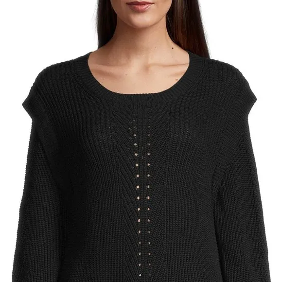 Minnie Rose Cotton Textured Crewneck Sweater Size XS Black NEW