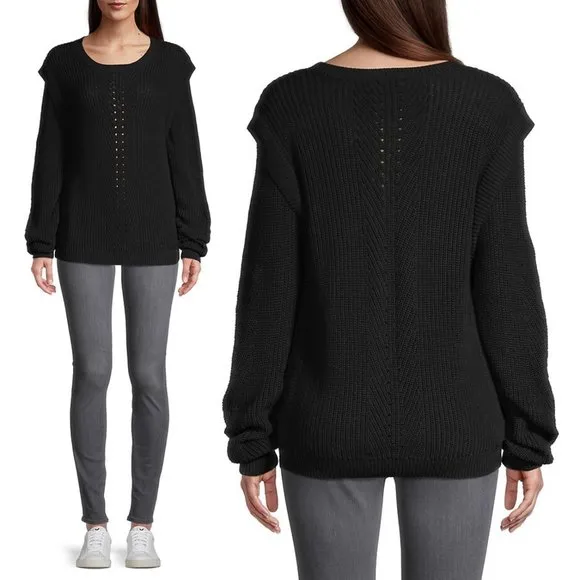 Minnie Rose Cotton Textured Crewneck Sweater Size XS Black NEW