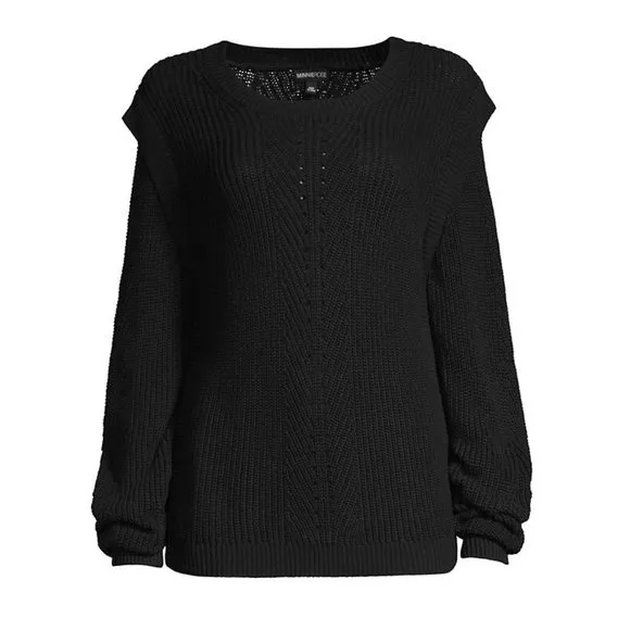 Minnie Rose Cotton Textured Crewneck Sweater Size XS Black NEW