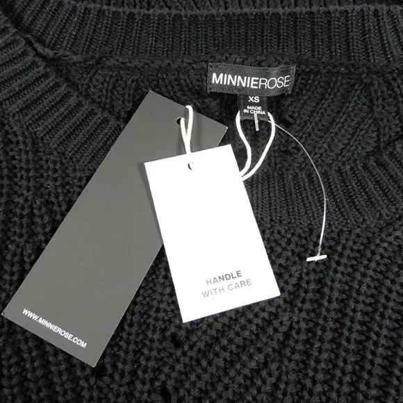 Minnie Rose Cotton Textured Crewneck Sweater Size XS Black NEW