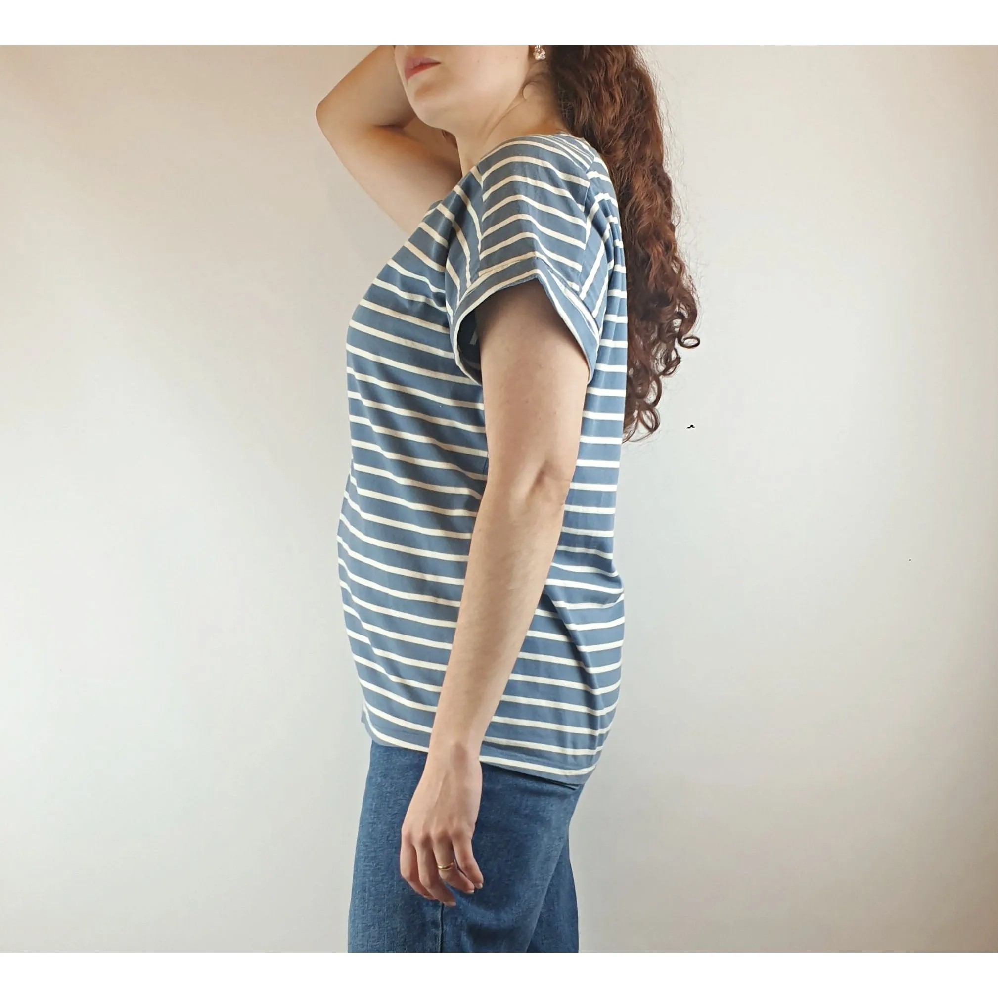 Miranda Murphy blue and white striped tee shirt size S (best fits size 10)
