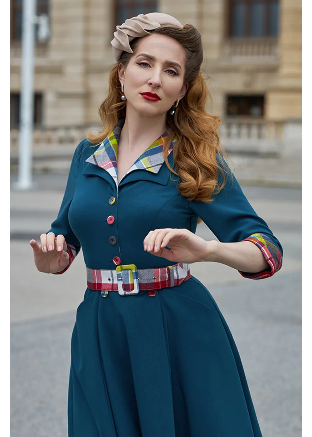 Miss Candyfloss Abena Kat Tartan 50's Swing Dress Petrol