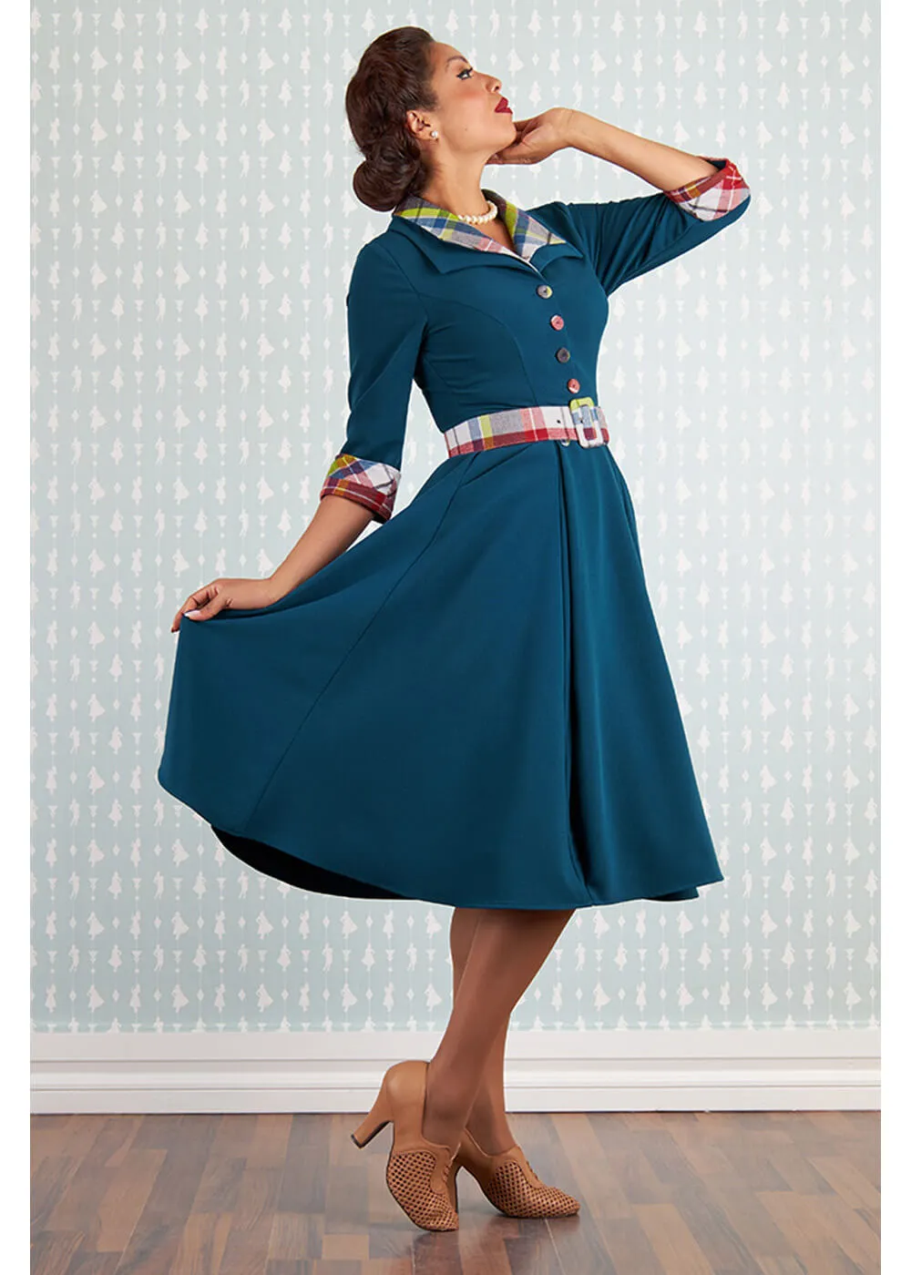 Miss Candyfloss Abena Kat Tartan 50's Swing Dress Petrol