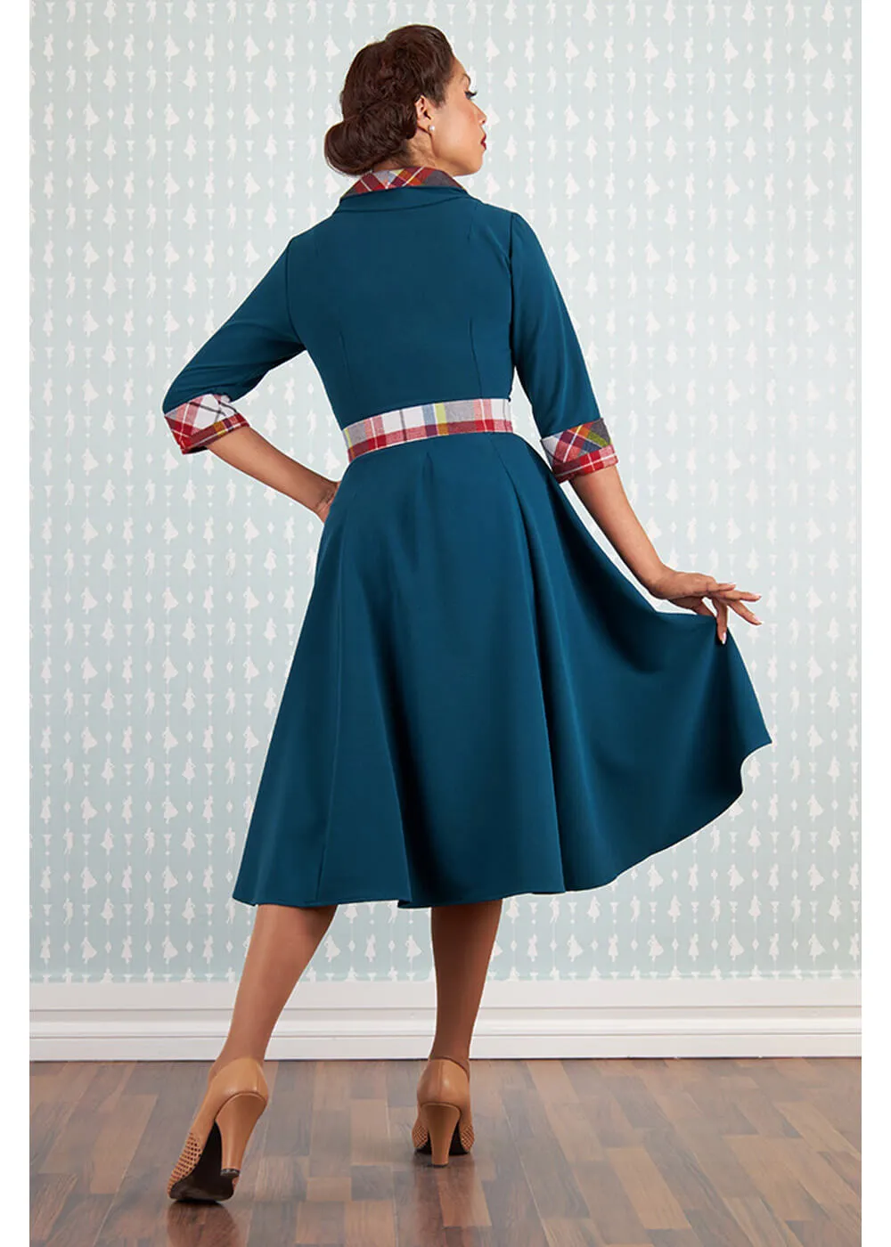 Miss Candyfloss Abena Kat Tartan 50's Swing Dress Petrol