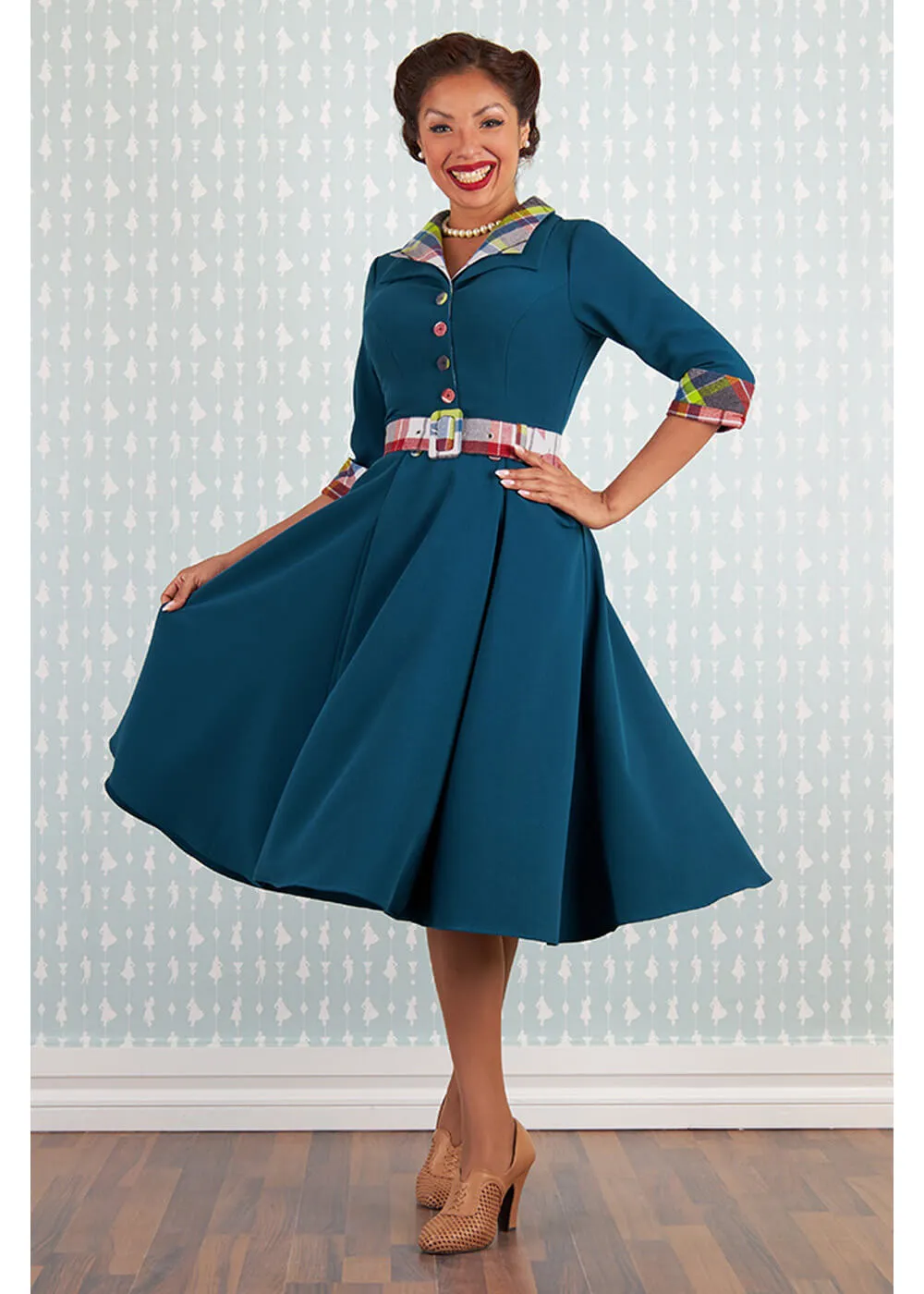 Miss Candyfloss Abena Kat Tartan 50's Swing Dress Petrol