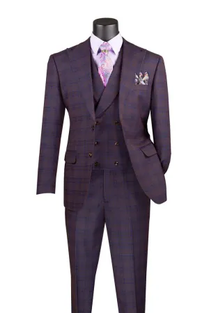 Modern Fit Windowpane Peak Lapel 3 Piece Suit Purple MV2W-3