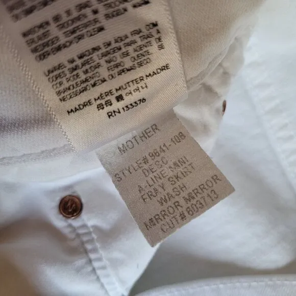 MOTHER Denim The A LINE Mini Fray Denim Skirt Size 30 MIRROR MIRROR White