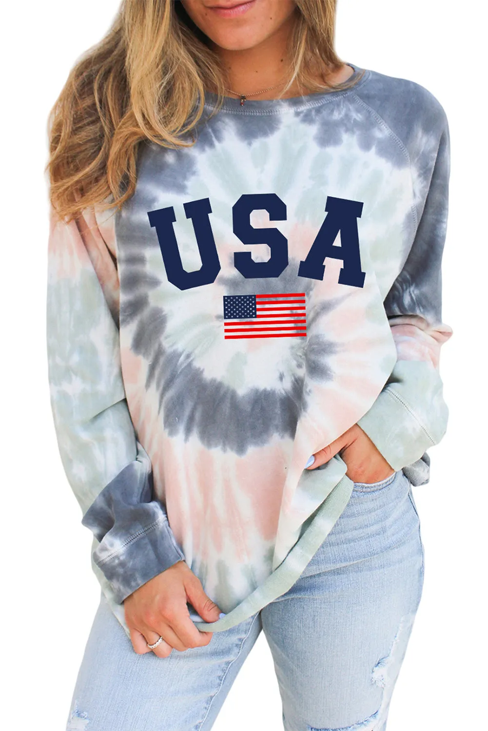 Multicolor USA Flag Pattern Tie Dye Print Graphic Sweatshirt