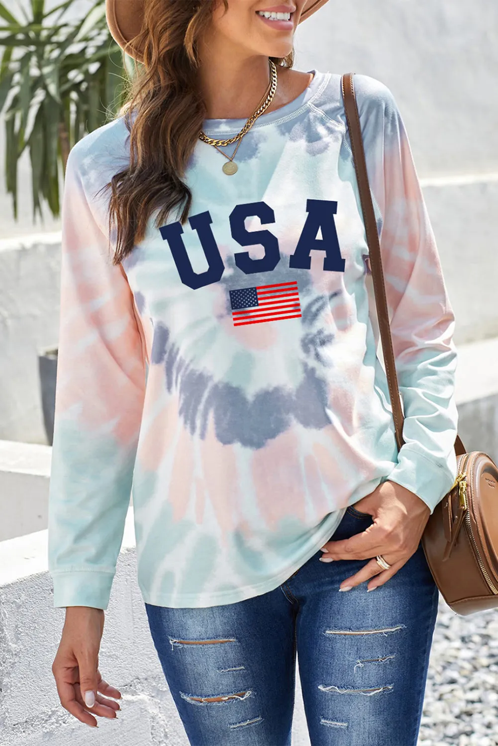 Multicolor USA Flag Pattern Tie Dye Print Graphic Sweatshirt