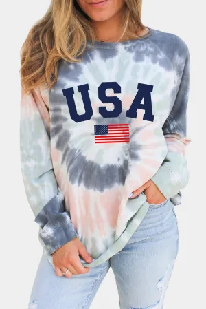 Multicolor USA Flag Pattern Tie Dye Print Graphic Sweatshirt