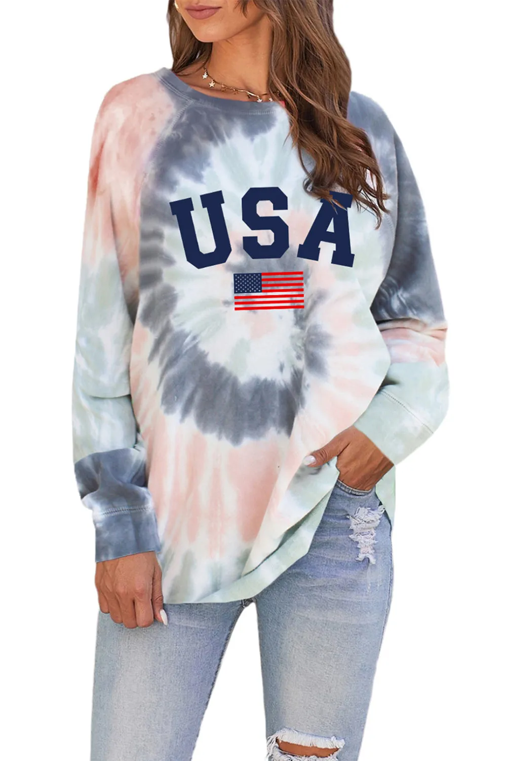 Multicolor USA Flag Pattern Tie Dye Print Graphic Sweatshirt