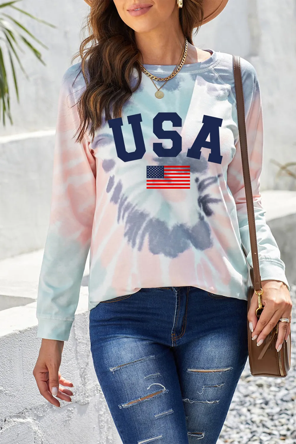 Multicolor USA Flag Pattern Tie Dye Print Graphic Sweatshirt