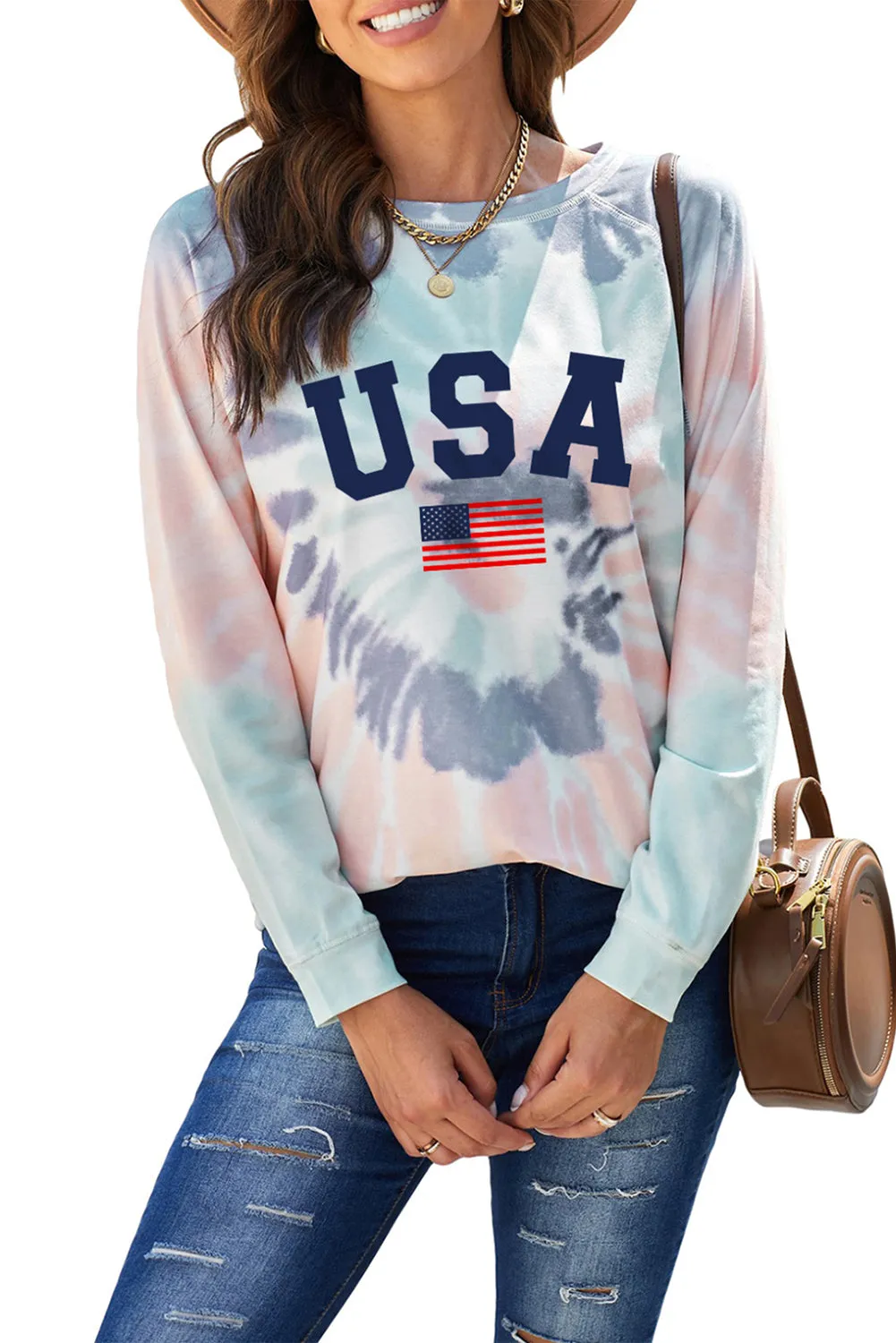Multicolor USA Flag Pattern Tie Dye Print Graphic Sweatshirt