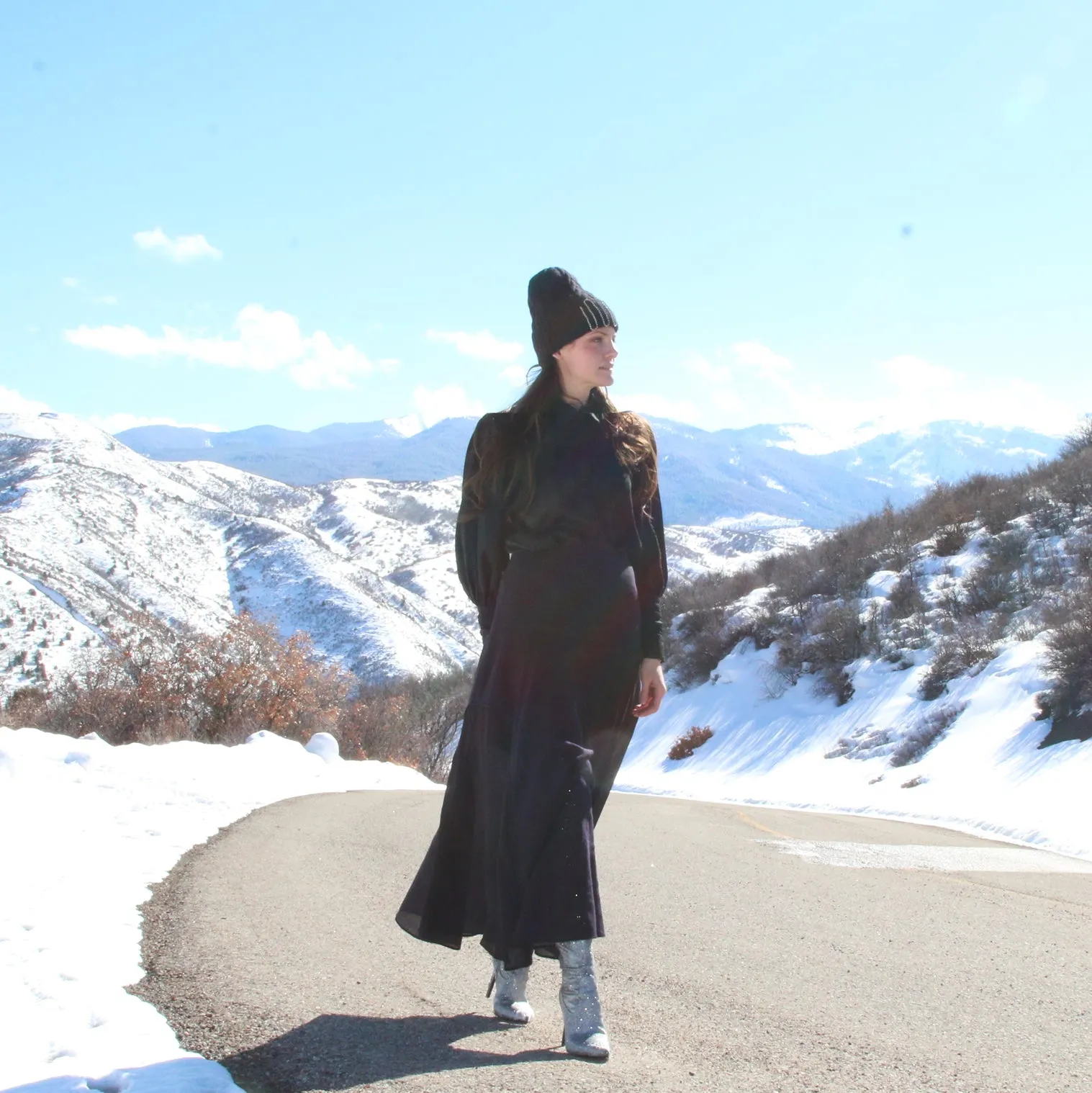 Navy Wool and Silk Chiffon Skirt