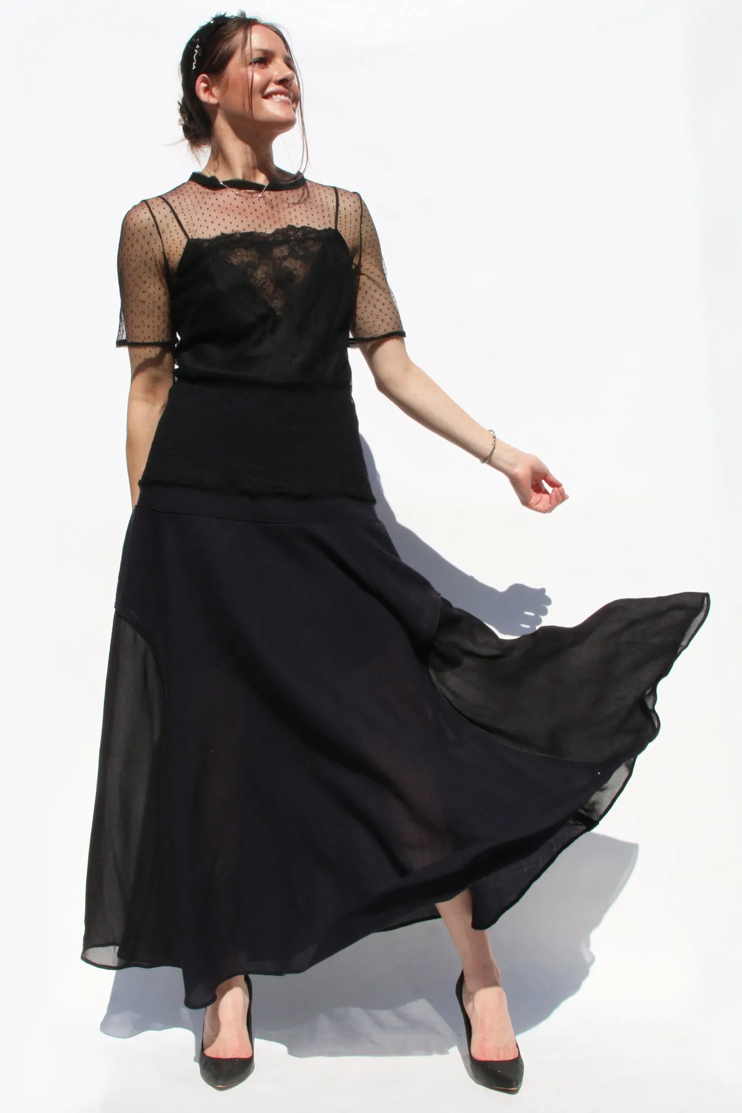 Navy Wool and Silk Chiffon Skirt