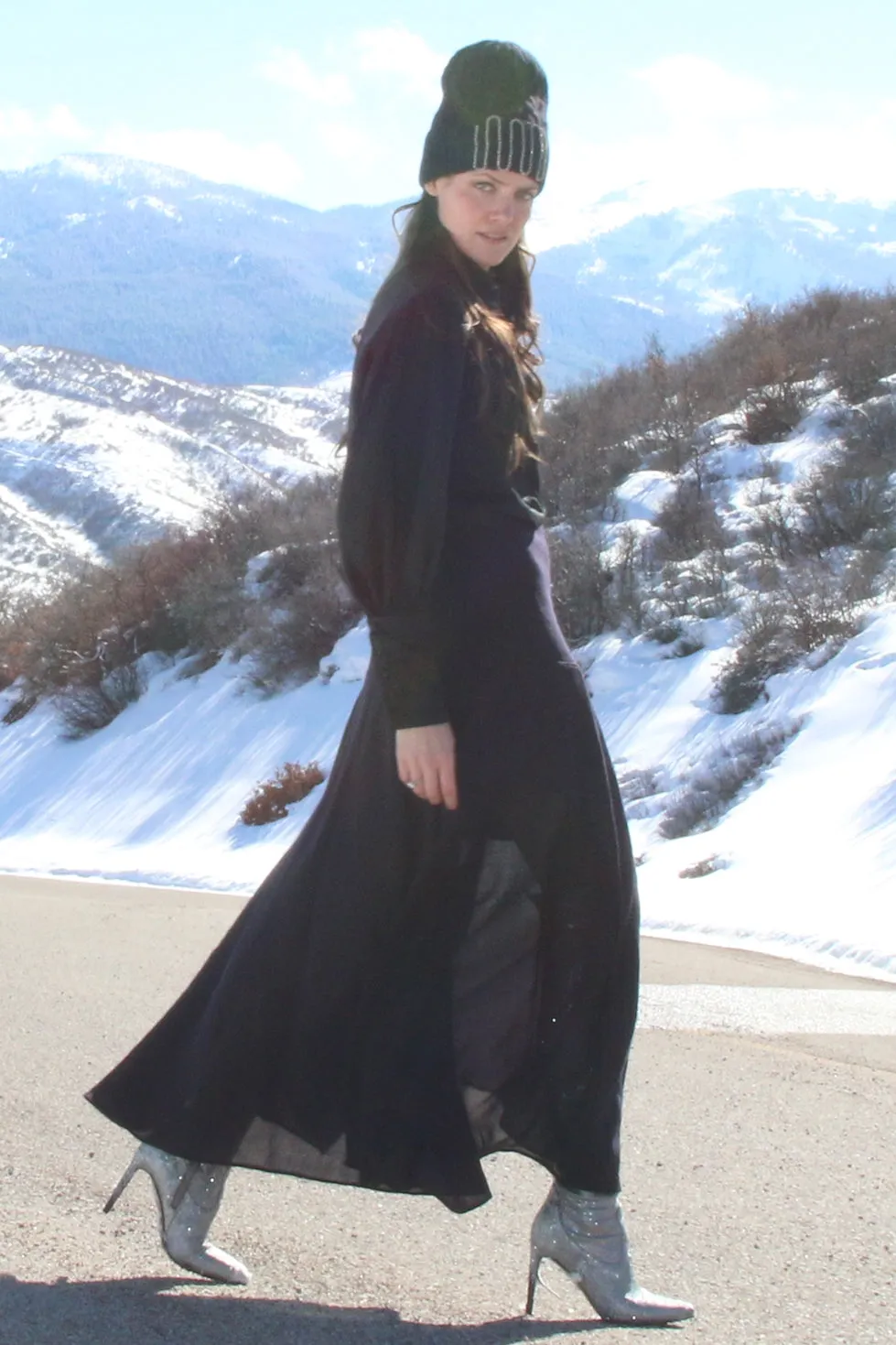 Navy Wool and Silk Chiffon Skirt