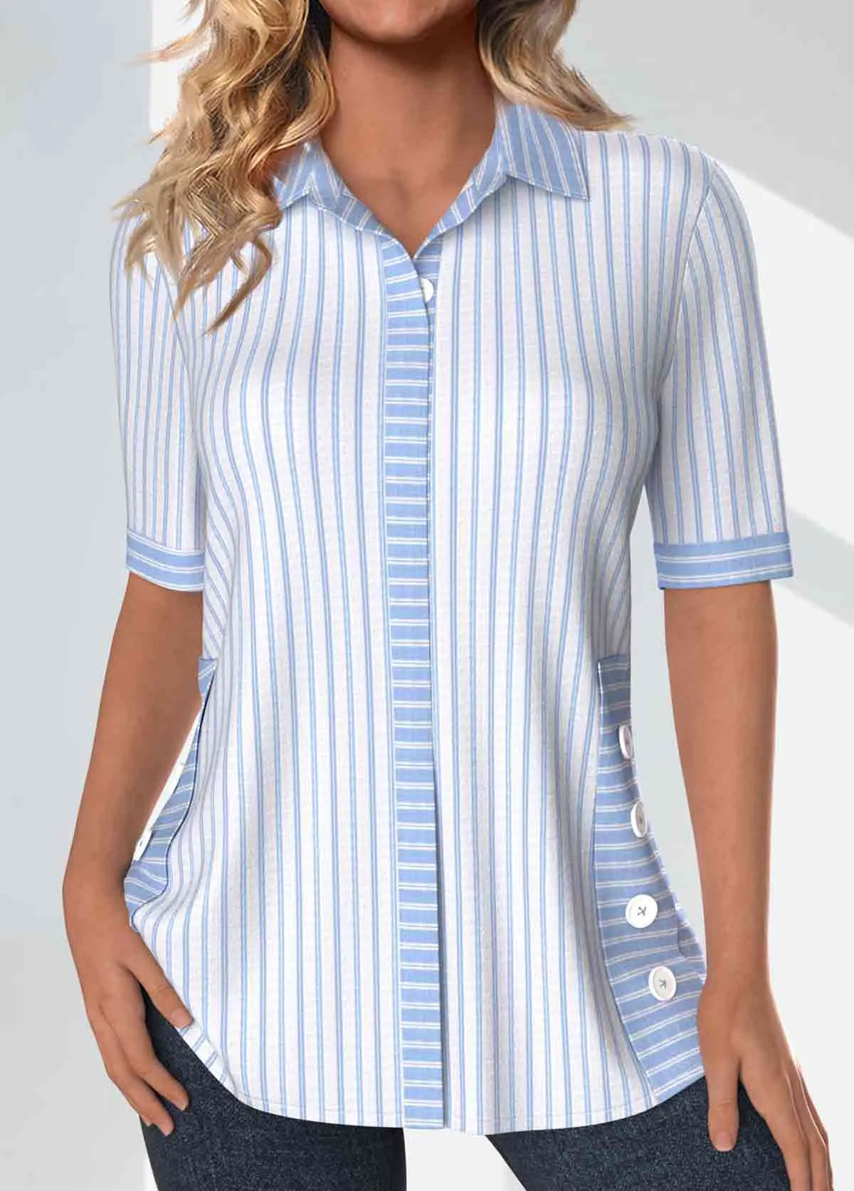 New MODLILY® Light Blue Patchwork Striped Half Sleeve Top, Sz XL Retails $53 