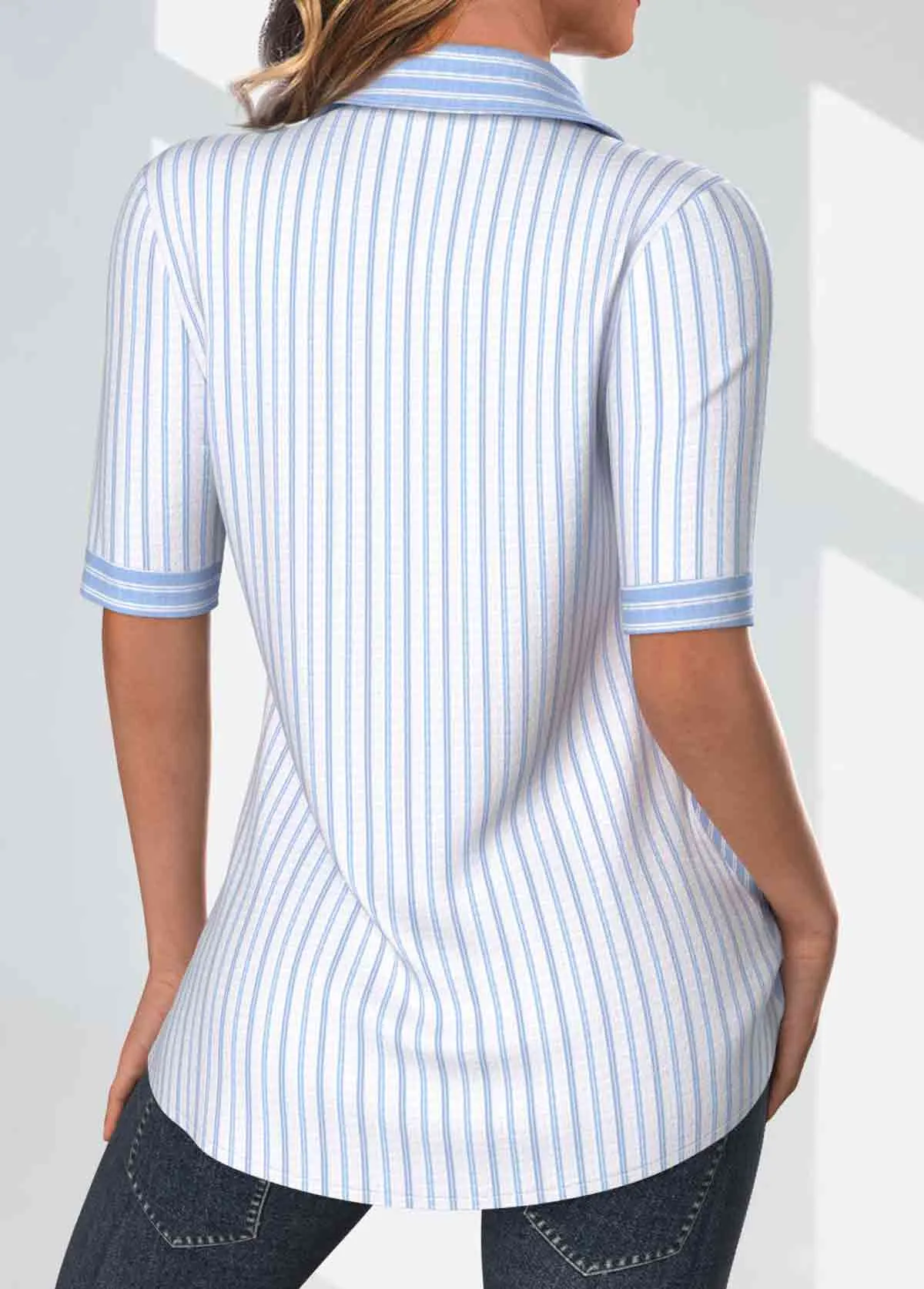 New MODLILY® Light Blue Patchwork Striped Half Sleeve Top, Sz XL Retails $53 