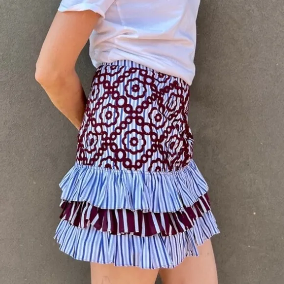 NEW Sandro Paris embroidered floral striped flounce ruffle mini skirt 1 XS