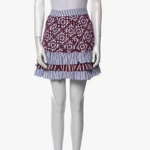 NEW Sandro Paris embroidered floral striped flounce ruffle mini skirt 1 XS