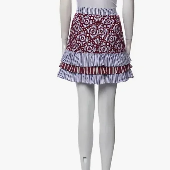 NEW Sandro Paris embroidered floral striped flounce ruffle mini skirt 1 XS