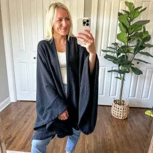 Nordstrom Italian Wool Oversized Open Front Knit Sweater Wrap Black OS