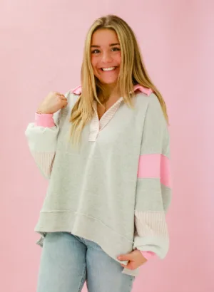 Not Mad About it Bucketlist French Terry Pullover in Heather Gray/Pink Mix