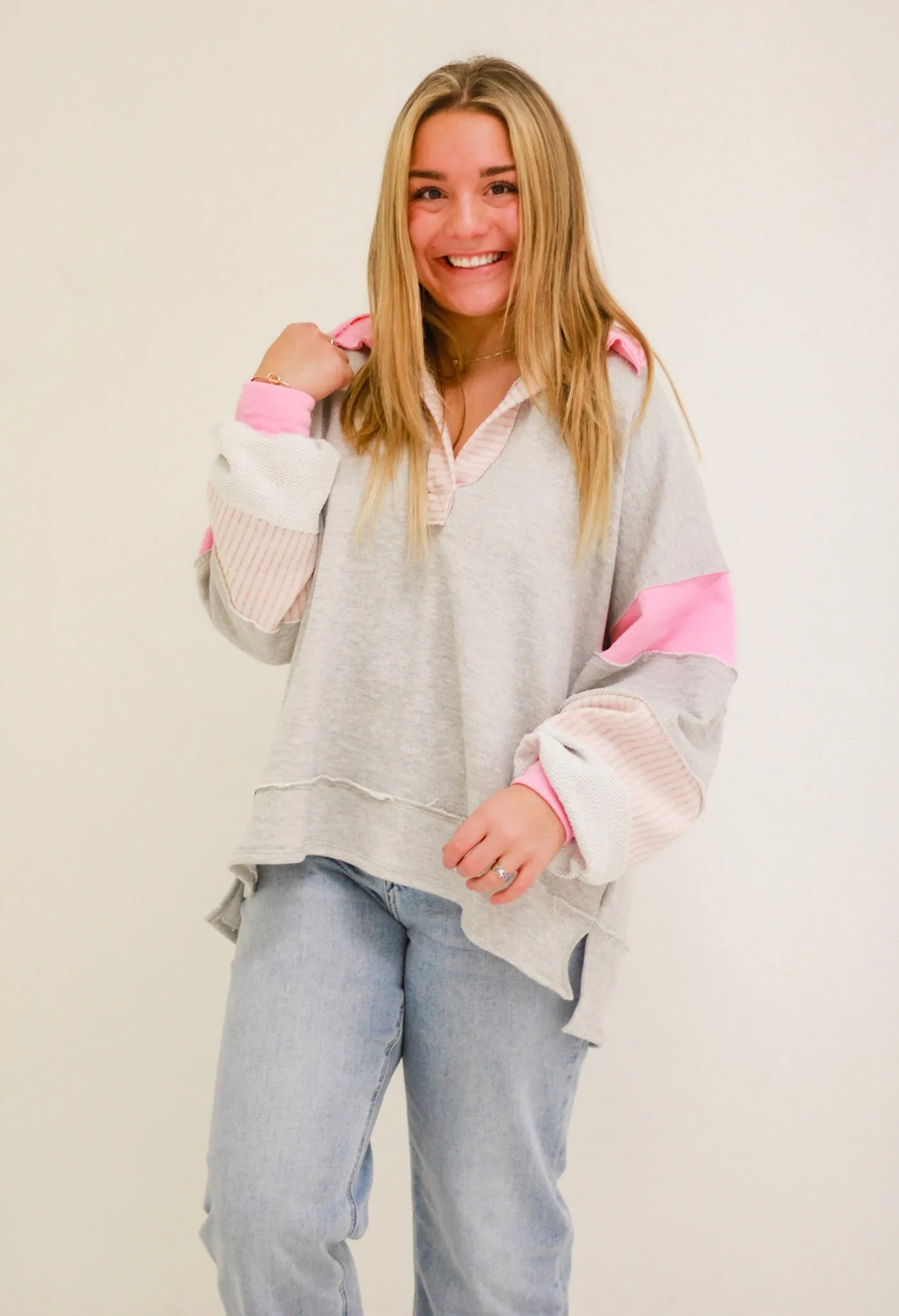 Not Mad About it Bucketlist French Terry Pullover in Heather Gray/Pink Mix