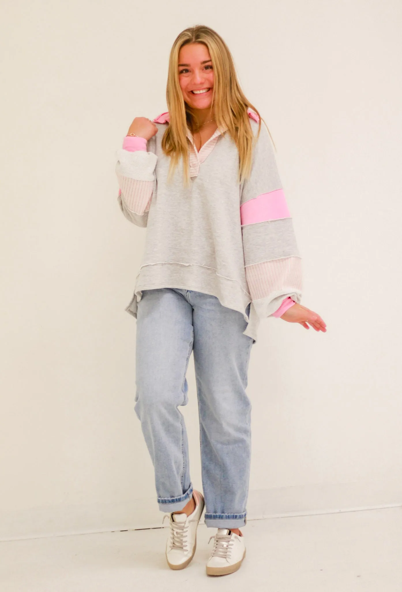 Not Mad About it Bucketlist French Terry Pullover in Heather Gray/Pink Mix