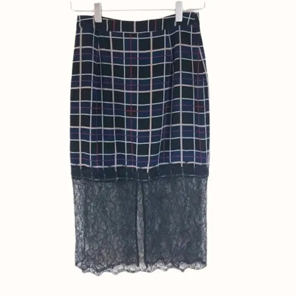 NWOT Lovers   Friends Plaid &amp; Lace Midi Skirt Sz. S