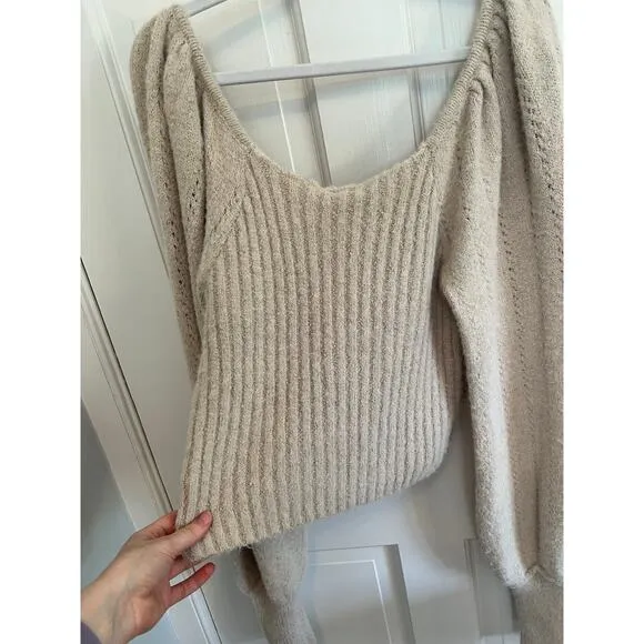 NWT Free People Katie Pullover Sweater in Sand Dollar Combo White Soft Women's L