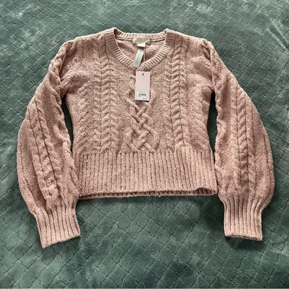 NWT Rachel Parcell Nordstrom Pink V-Neck Cable Knit Sweater