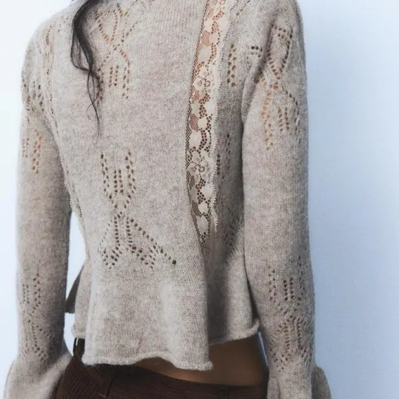 NWT Zara Combination Lace Knit Pointelle Tie Front Cardigan Sweater in Gray Marl