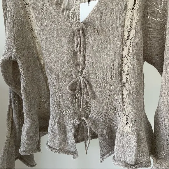 NWT Zara Combination Lace Knit Pointelle Tie Front Cardigan Sweater in Gray Marl