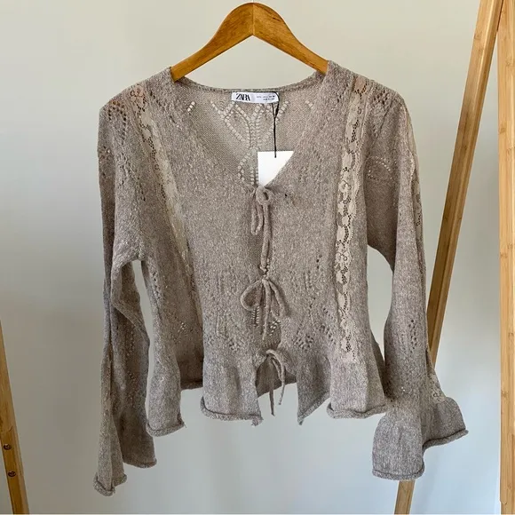 NWT Zara Combination Lace Knit Pointelle Tie Front Cardigan Sweater in Gray Marl