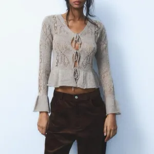 NWT Zara Combination Lace Knit Pointelle Tie Front Cardigan Sweater in Gray Marl
