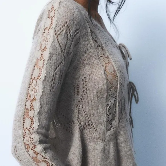 NWT Zara Combination Lace Knit Pointelle Tie Front Cardigan Sweater in Gray Marl