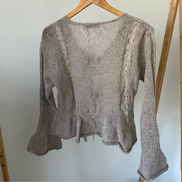NWT Zara Combination Lace Knit Pointelle Tie Front Cardigan Sweater in Gray Marl