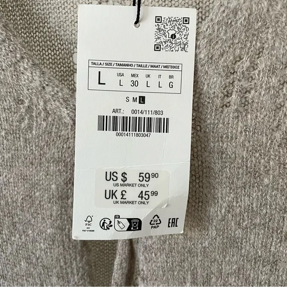 NWT Zara Combination Lace Knit Pointelle Tie Front Cardigan Sweater in Gray Marl