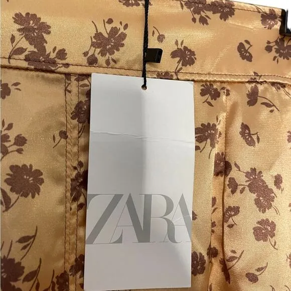 NWT Zara Midi SKIRT Womens M Gold Floral Silk High Waisted Slit Casual Classy