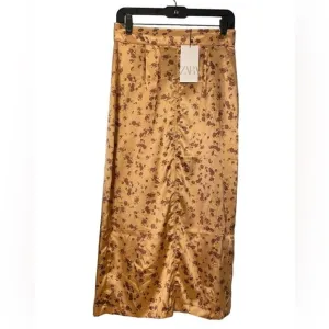 NWT Zara Midi SKIRT Womens M Gold Floral Silk High Waisted Slit Casual Classy