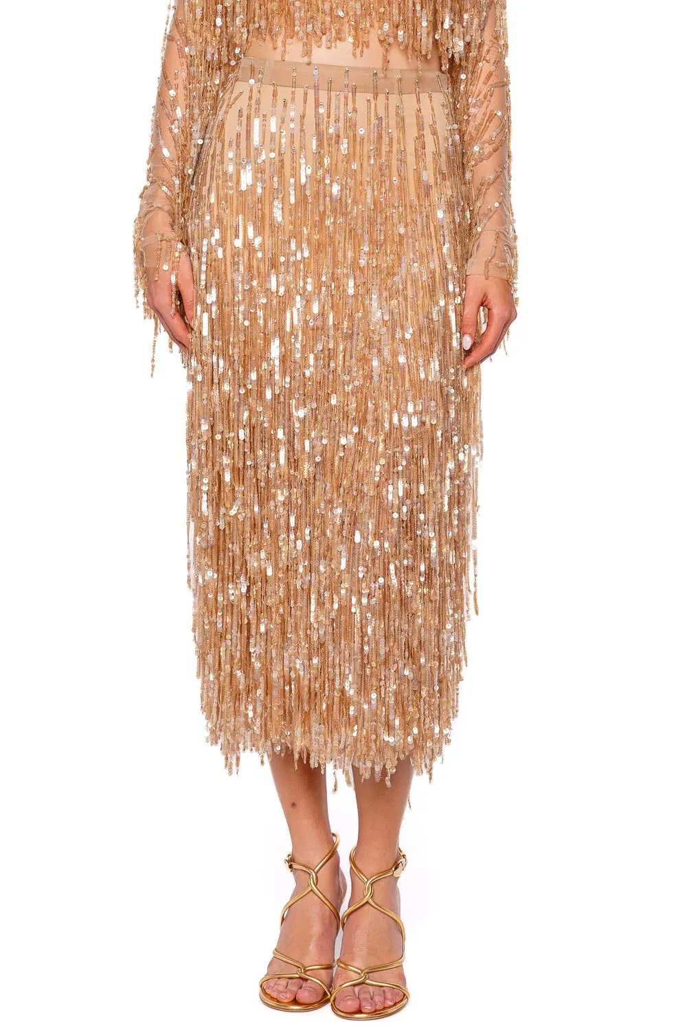 Oat Fringe Sequin Pencil Midi Skirt